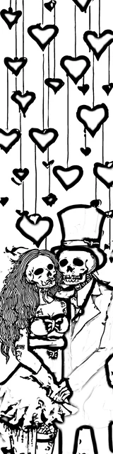 Free colorable bookmarks of a skeleton couple with hearts